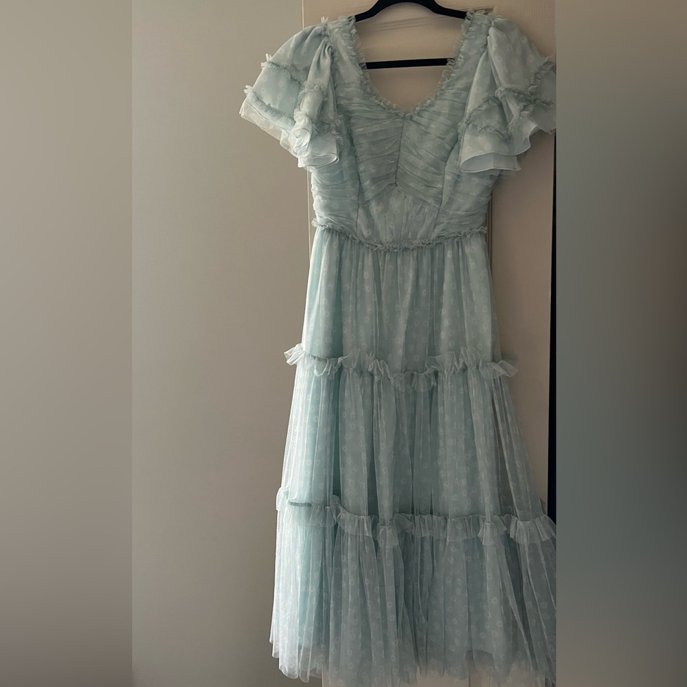 Ivy City Co Soft Blue Ruffled Midi Dress